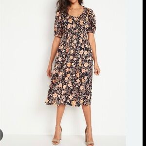 Women’s SM Waist-Defined Puff Sleeve Floral-Print Smocked Midi Dress Side Slit